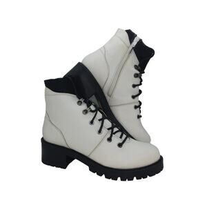 ENJOIYA Womens New White Leather w/Black Combat Boots w/zipper on side - sz. 7